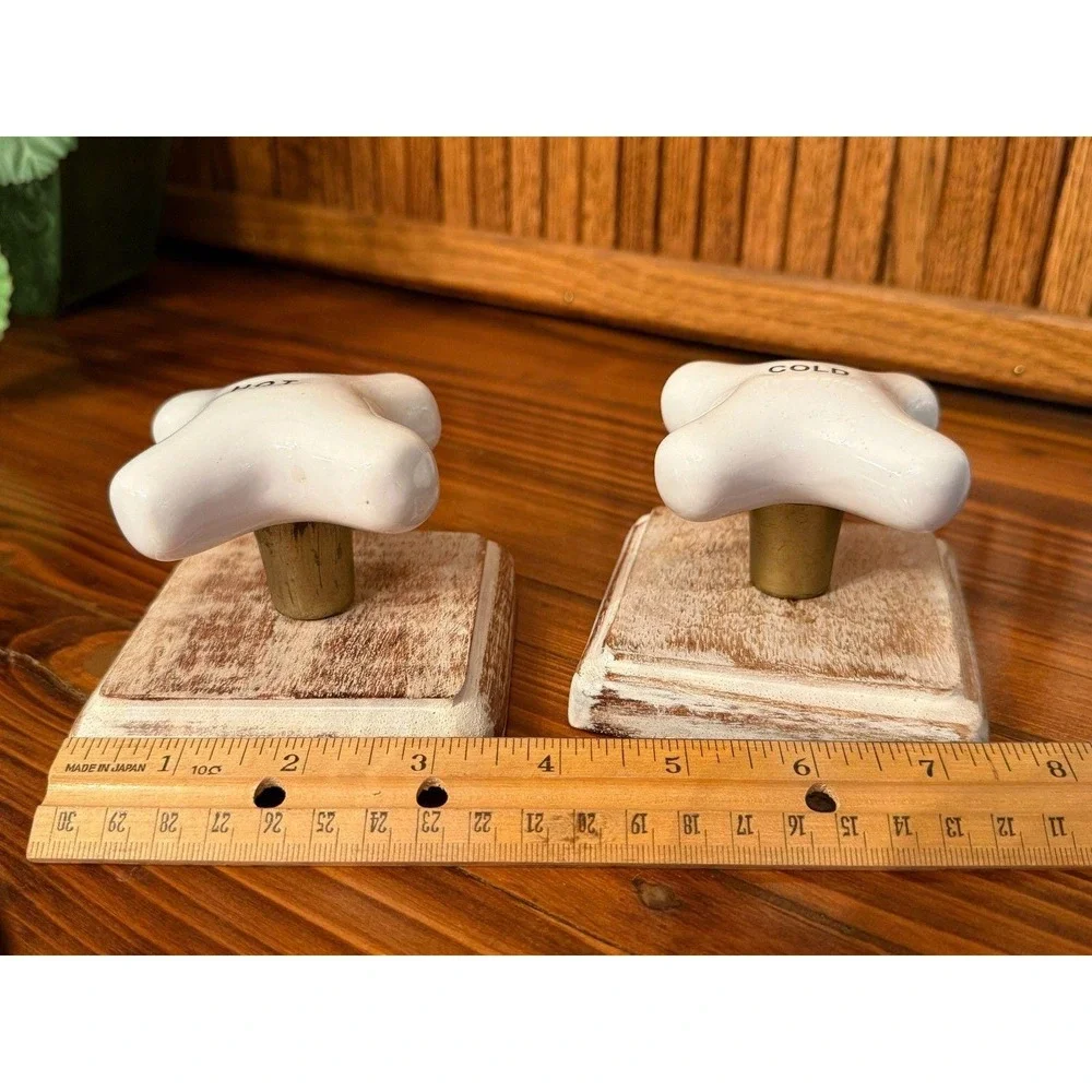 Hot Cold Faucet Knob Wall Hooks Set Rustic Farmhouse Wood Ceramic Bathroom